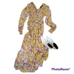 O.P.T Wick Smocked Crinkled Chiffon Romantic Floral Midi dress, size medium